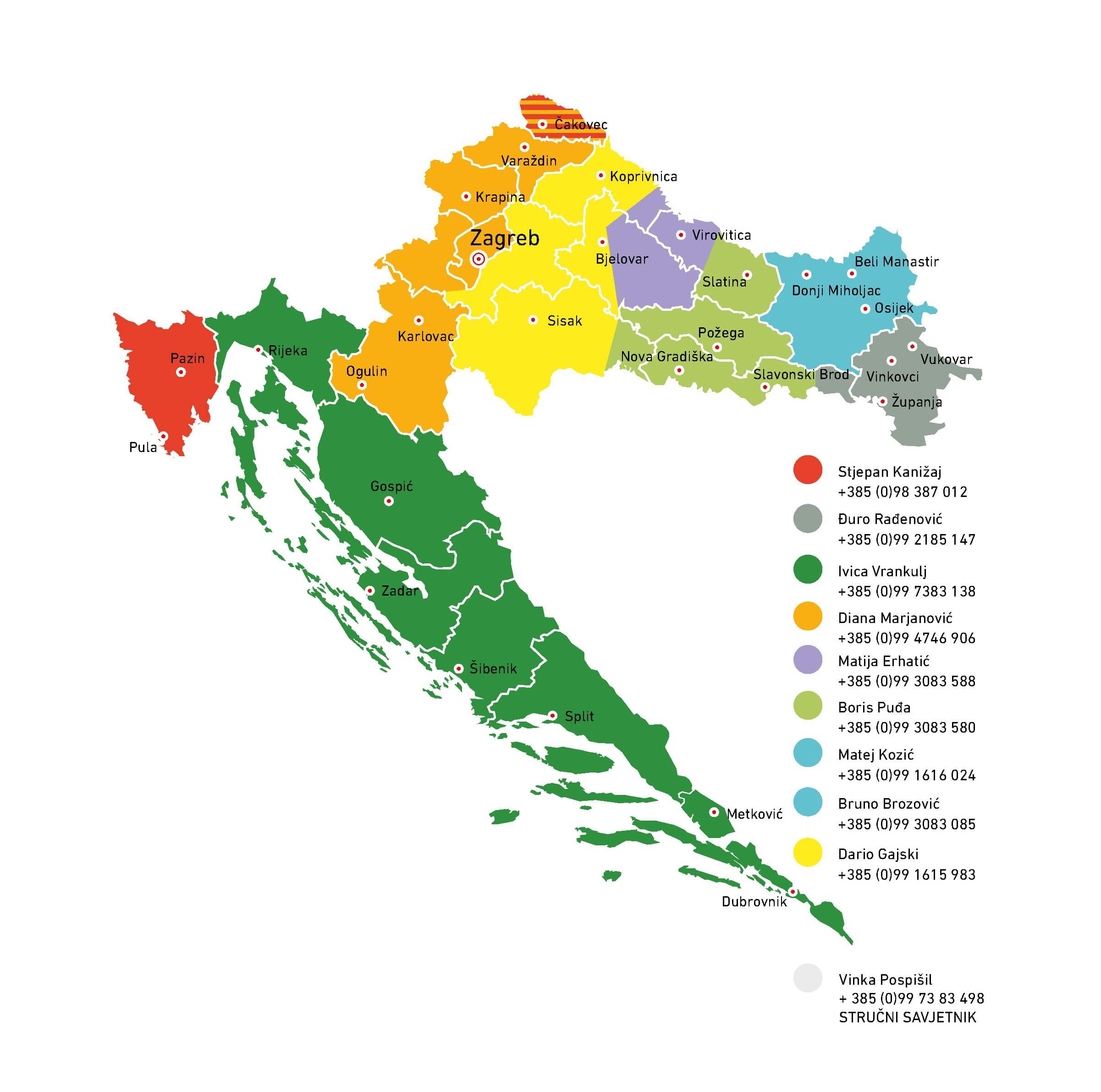 Područje rada pojedinih članova Agrimatco tima na karti Hrvatske.